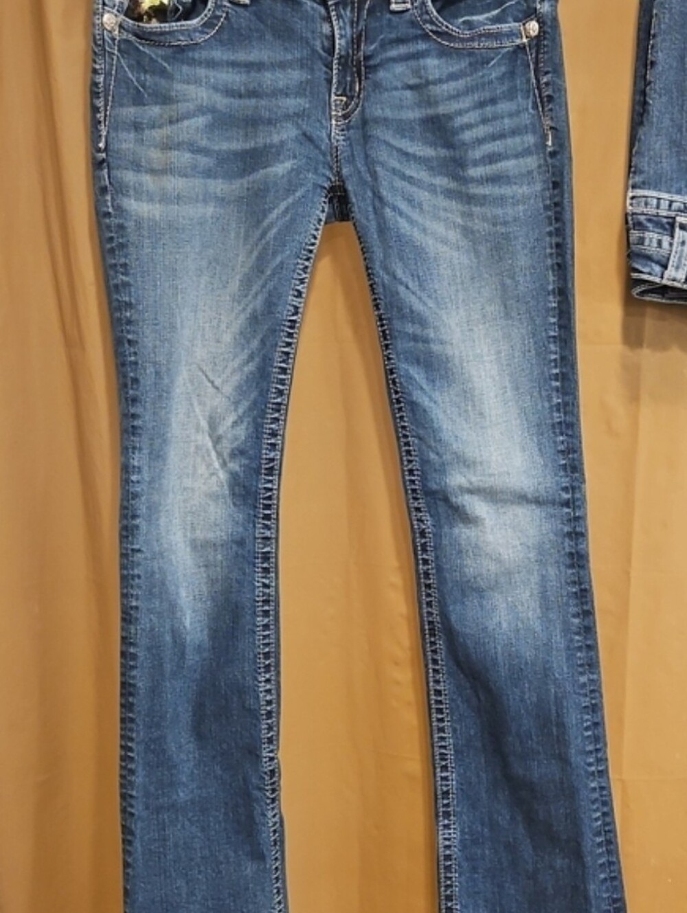 Miss Me Blue Bootcut Jeans with Sequin Floral Pocket Accents 32" Inseam - Picture 6 of 7